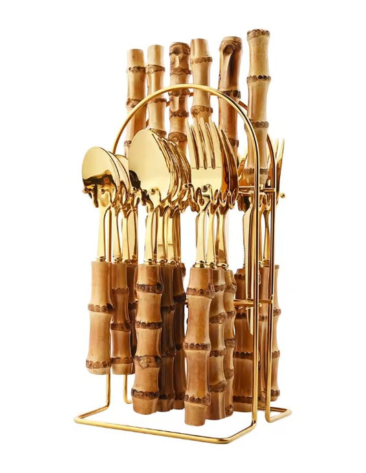 Conjunto de Talheres Premium em Aço Inoxidável e Bambu Natural – 24 Peças